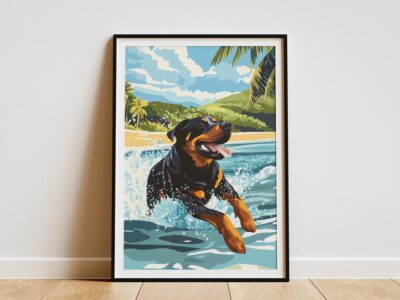 Rottweiler Beach Splashing Hawaiian Ocean Wall Art
