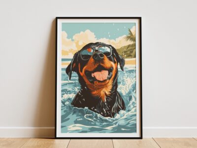 Rottweiler Splashing Ocean Hawaii Beach Wall Art