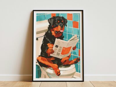 Rottweiler Toilet Reading Newspaper Bathroom Wall Art