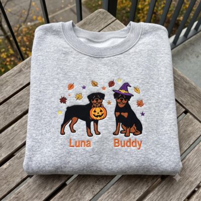 Rottweiler Witch Pumpkin Spooky Embroidered Sweatshirt