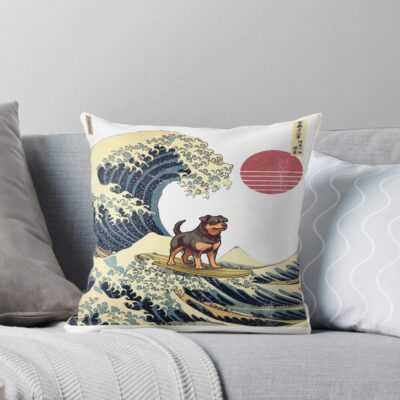 Rottweiler Japanese Surfing Wave Throw Pillow
